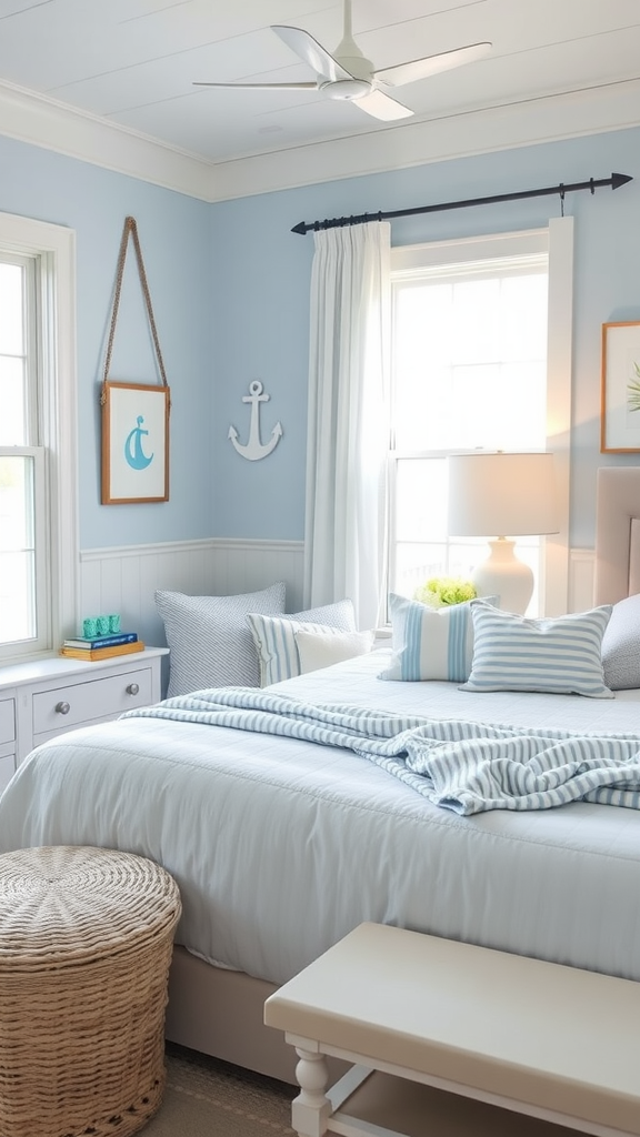 Coastal styled bedroom with blue walls, nautical decor, and natural textures