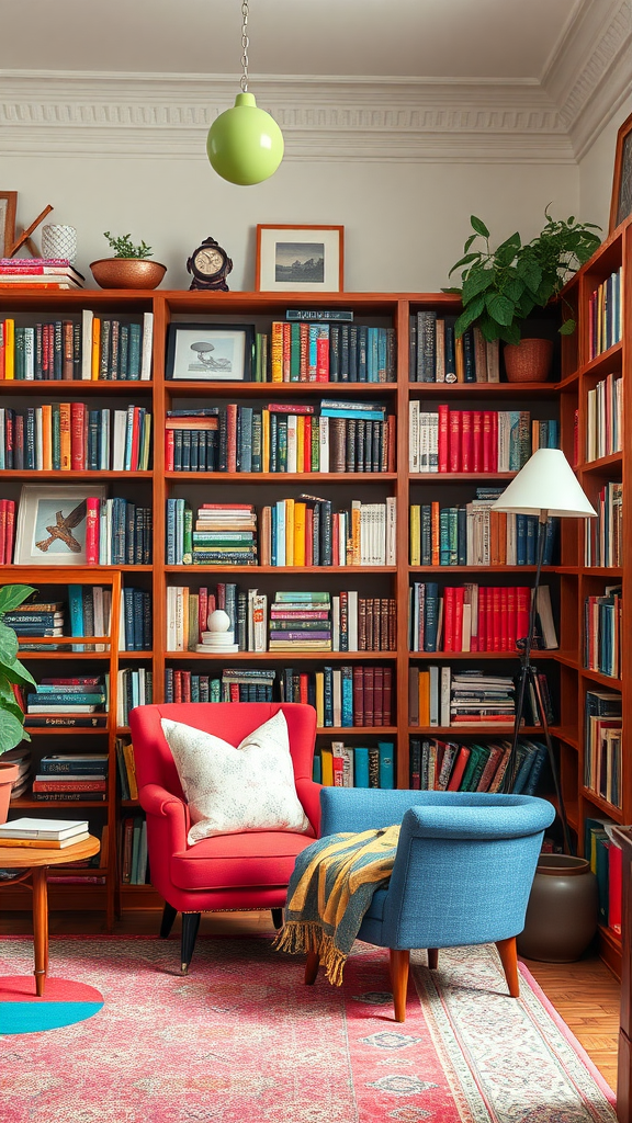 A cozy home library with color-coded bookshelves, featuring red and blue chairs, a round table, and plants.