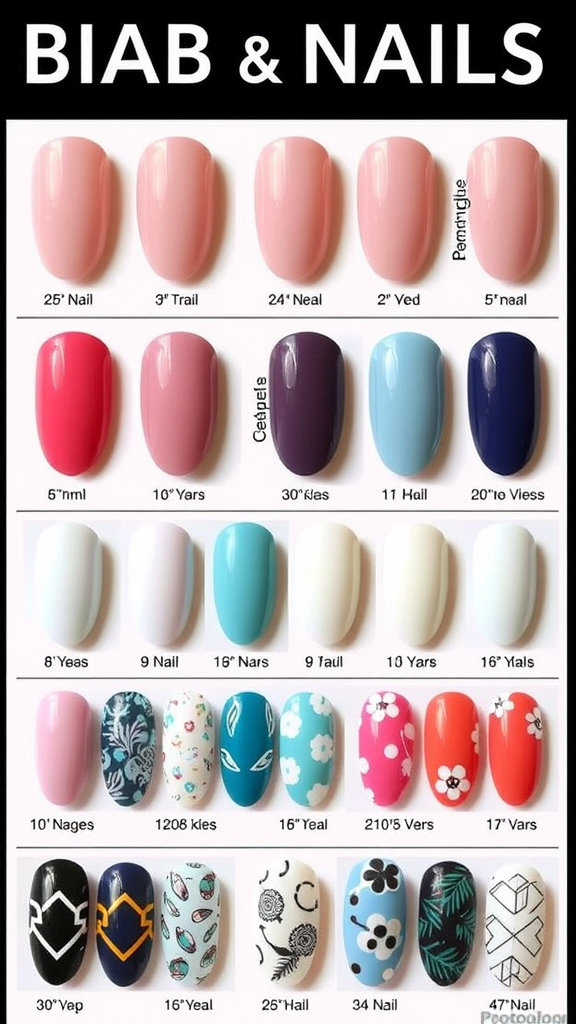 A variety of short BIAB nail designs and colors.