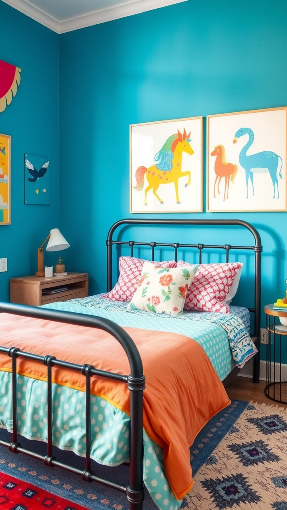 A colorful bedroom with turquoise walls, a black metal bed frame, bright bedding, and whimsical animal artwork.