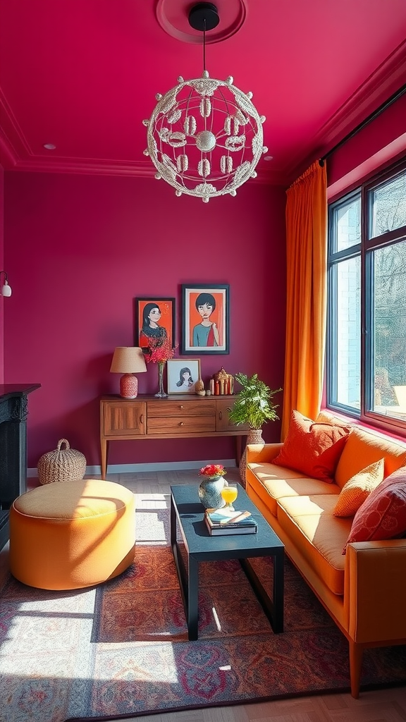 A vibrant living room with pink walls, orange accents, and stylish decor.