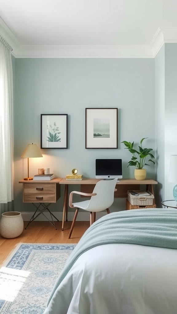 A calming workspace with soft blue walls, a wooden desk, and a plant.