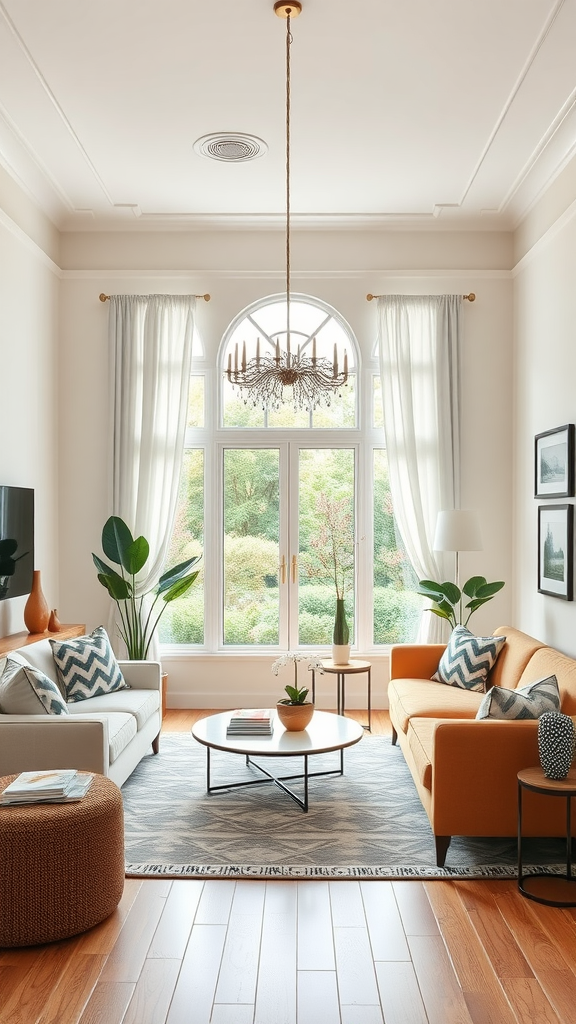 A stylish 12x14 living room featuring a mix of orange, gray, and neutral colors with plants and elegant decor.