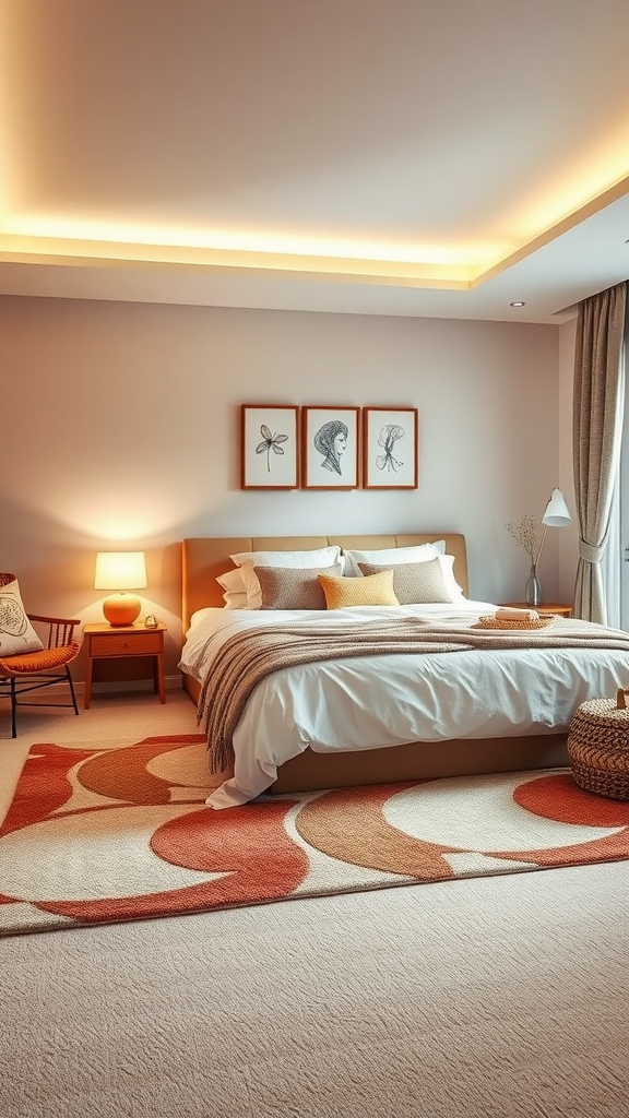 A cozy bedroom featuring warm color tones, a comfortable bed with pillows, and soft lighting.