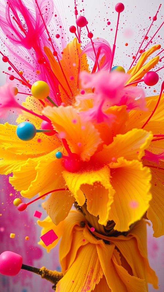 A vibrant flower with splashes of pink and yellow colors and colorful spheres, illustrating color splash techniques.