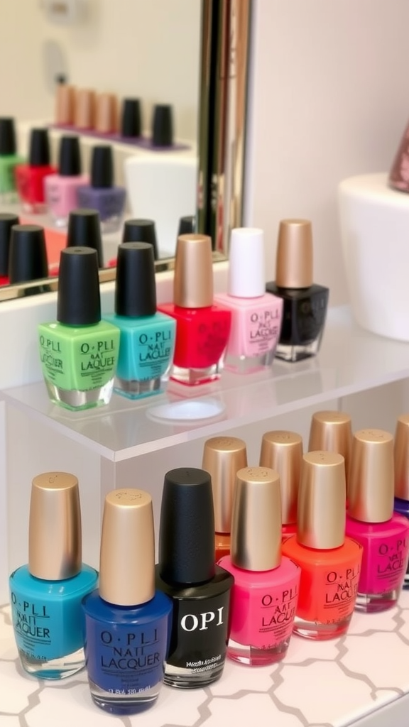 A variety of OPI nail polish bottles in vibrant colors, including greens, reds, and blues.