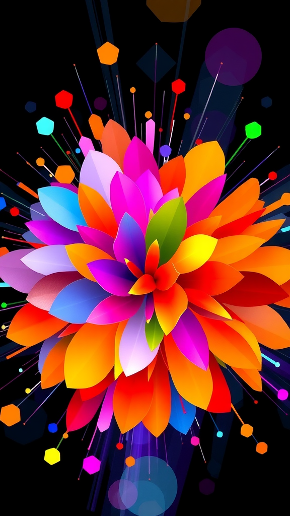 A colorful abstract design featuring petal-like shapes in various hues, radiating outward from a central point against a black background.