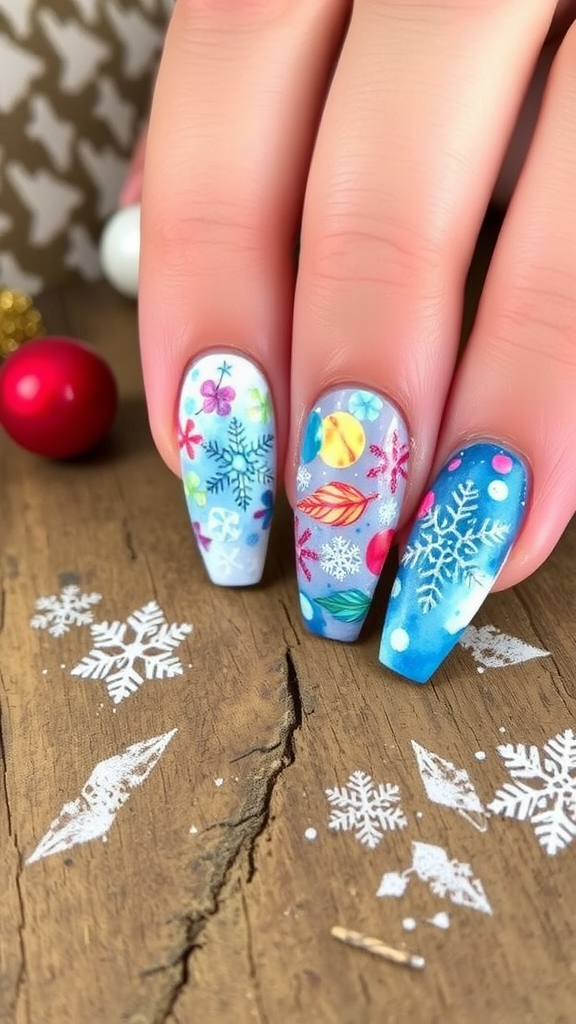 Colorful winter-themed nail designs with snowflakes and festive elements.