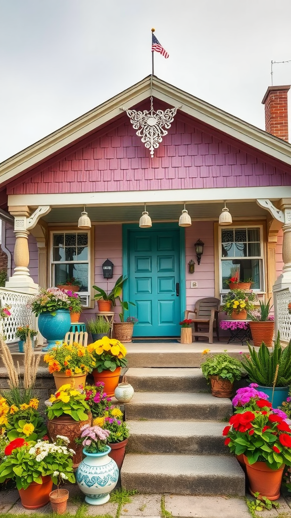 A colorful bungalow with a blue door and vibrant flower pots on the steps.