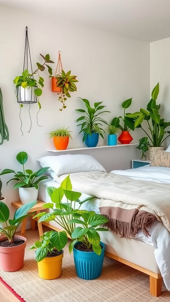 A cozy bedroom with various colorful plants in pots, brightening up the space.