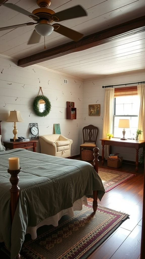 A cozy guest room with a bed, chair, and warm lighting