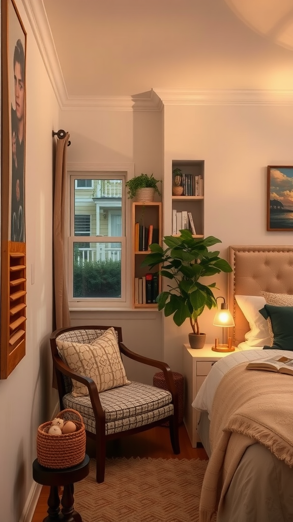 A cozy reading nook with a comfortable chair, a small bookshelf, a plant, and warm lighting