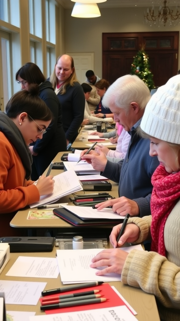 People engaged in community service writing holiday cards, with a decorated Christmas tree in the background.