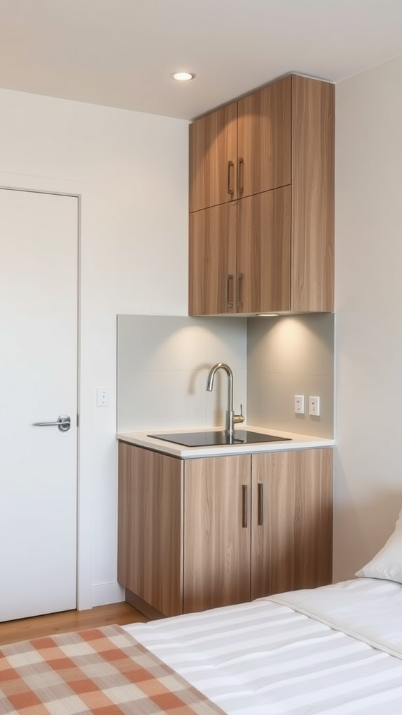 Compact kitchen design in a studio bedroom with wooden cabinetry and sink