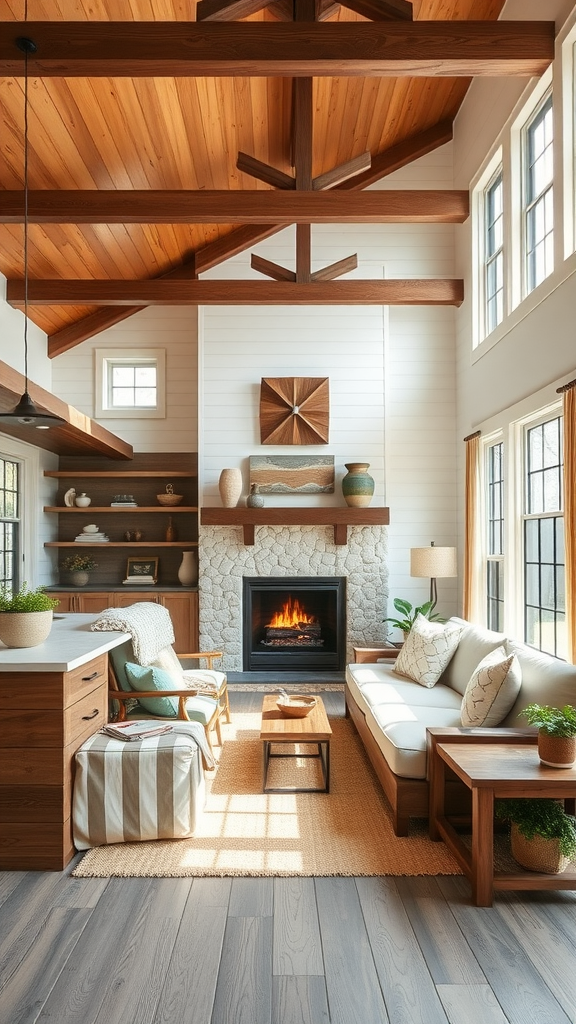 Cozy contemporary farmhouse living room with wooden beams and a stone fireplace.