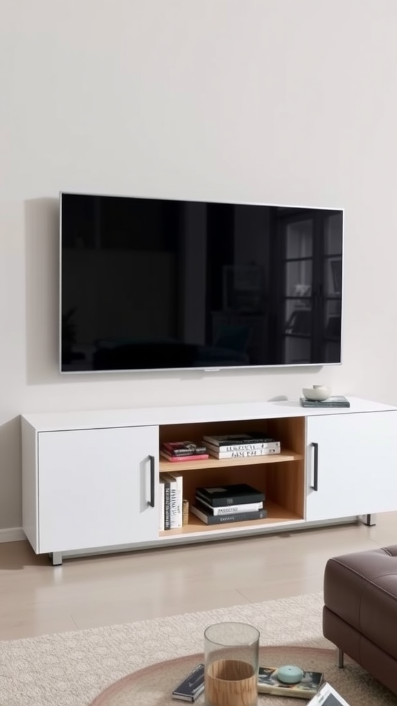 A modern media unit with storage space beneath a wall-mounted TV.