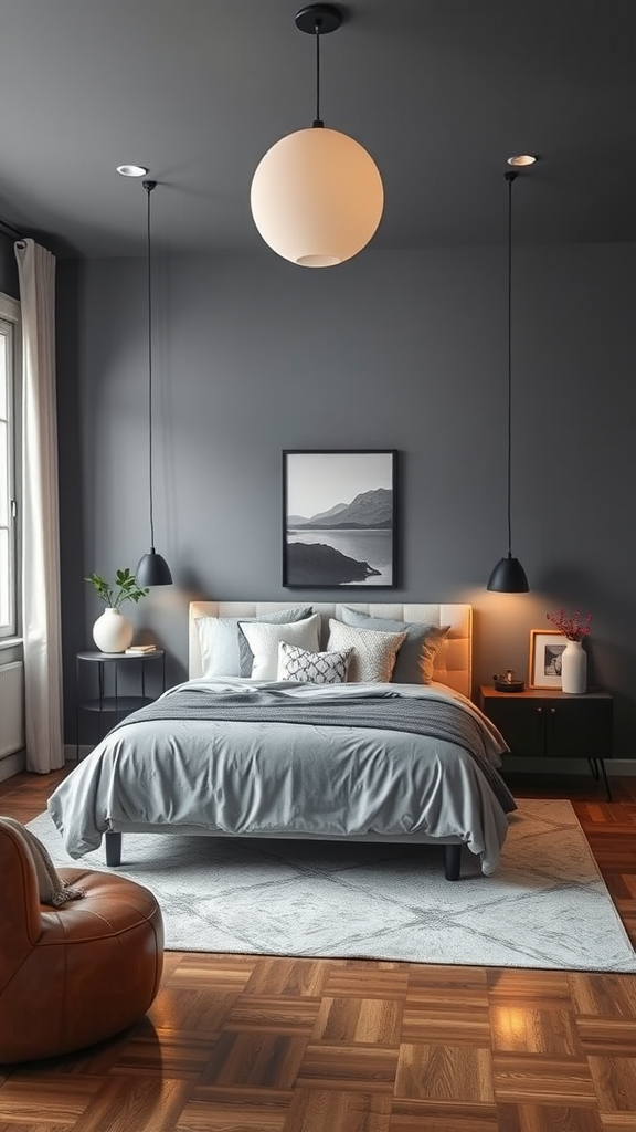 A modern bedroom featuring gray walls, gray bedding, and stylish lighting.