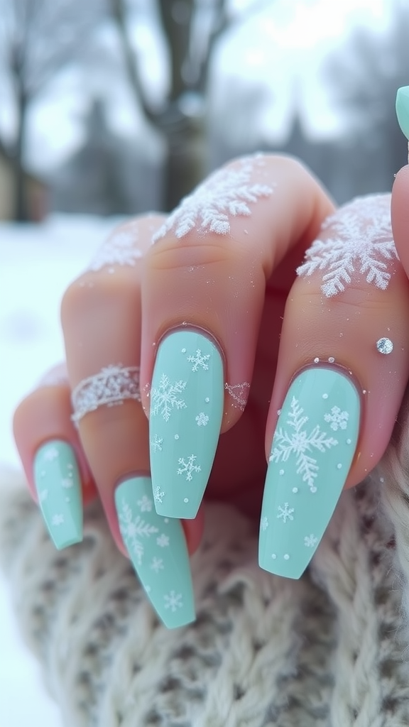 Close-up of mint-colored nails with white frost patterns, surrounded by a snowy background.