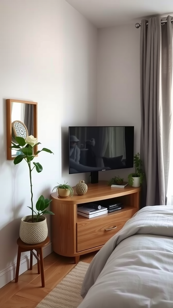 A cozy room with a corner TV stand, featuring a wall-mounted TV, plants, and a neatly arranged bed.