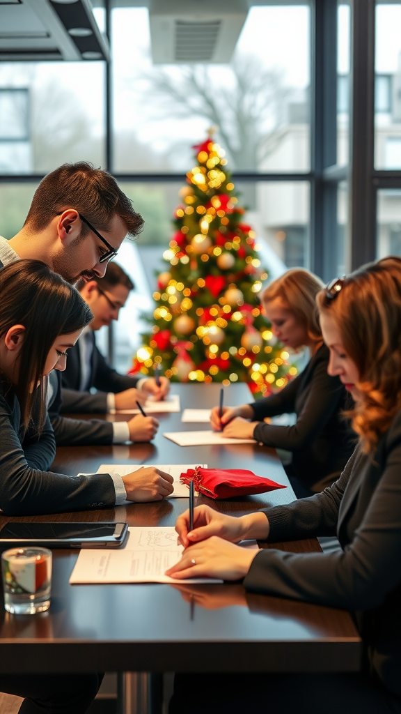 Professionals writing at a conference table in front of a decorated Christmas tree