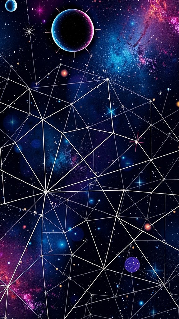 A vibrant cosmic scene with stars, planets, and a web of lines representing constellations.