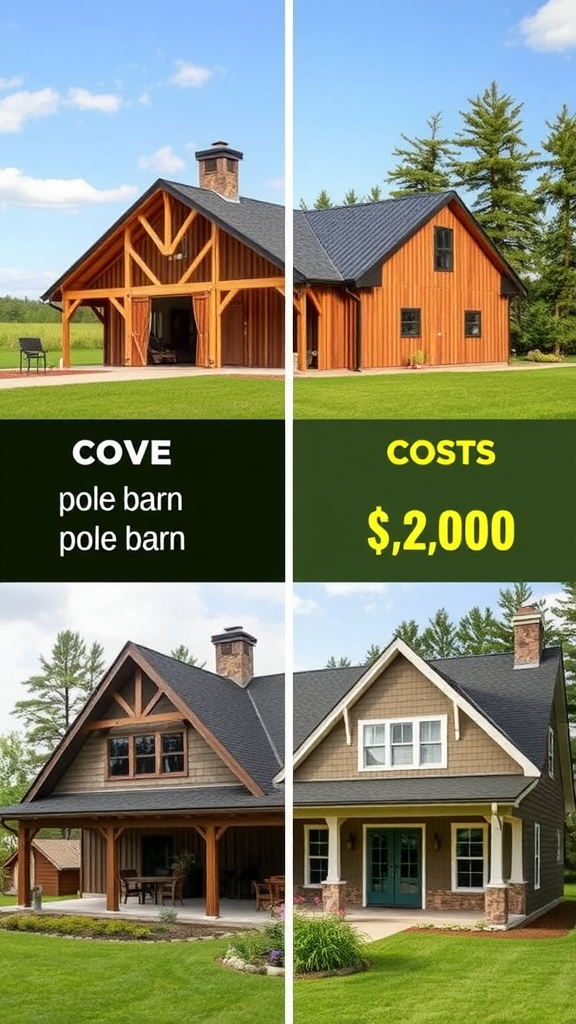 Comparative image showing two pole barn designs with cost information