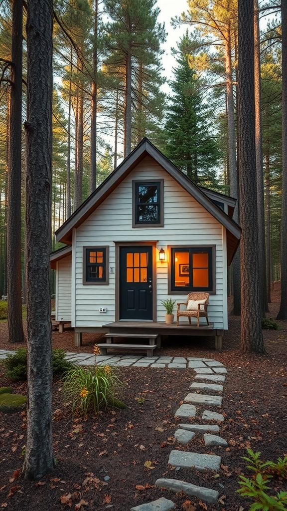 A charming tiny cottage in a forest setting with a welcoming entrance.