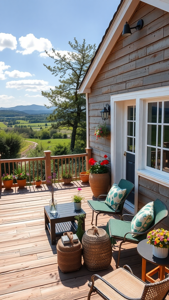A scenic patio of a cottage with comfortable chairs, colorful plants, and a beautiful view.