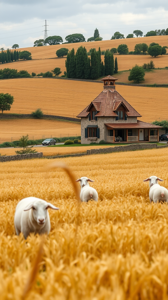 A picturesque farmhouse surrounded by golden fields and sheep grazing.