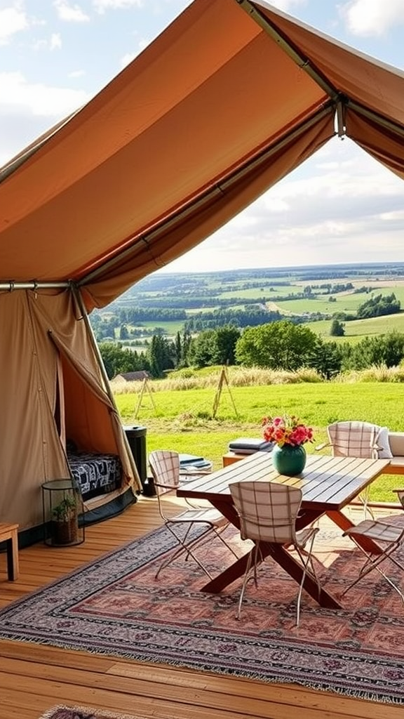 Cozy glamping tent setup in the countryside with a dining area and beautiful landscape