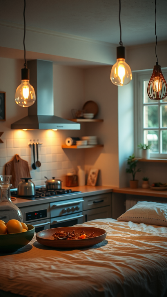 A cozy kitchen space with warm lighting, a bowl of lemons, and a plate of food.