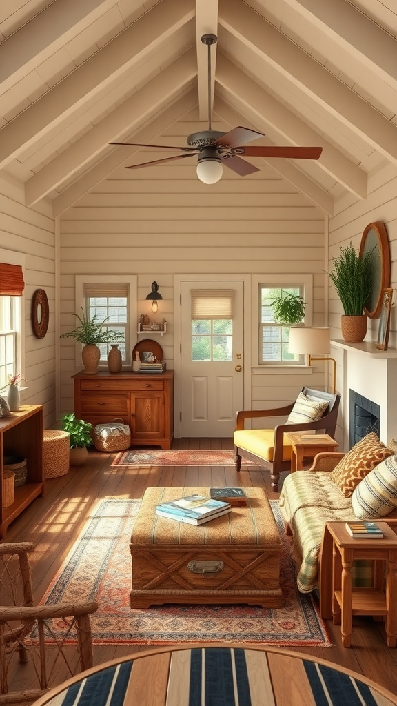 Cozy cottage interior with wooden accents and comfortable seating.