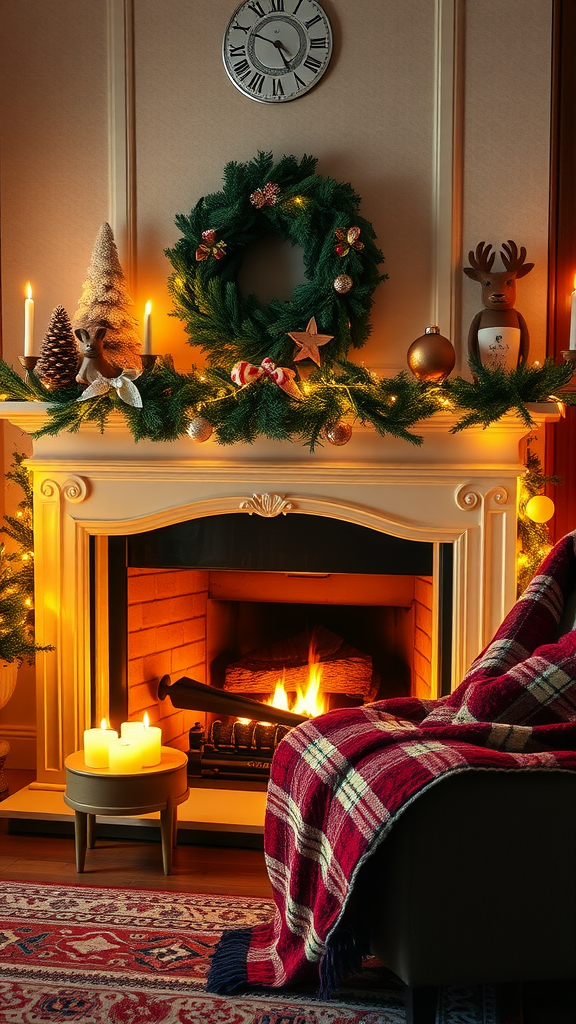 A cozy fireplace scene with decorations, candles, and a warm blanket.