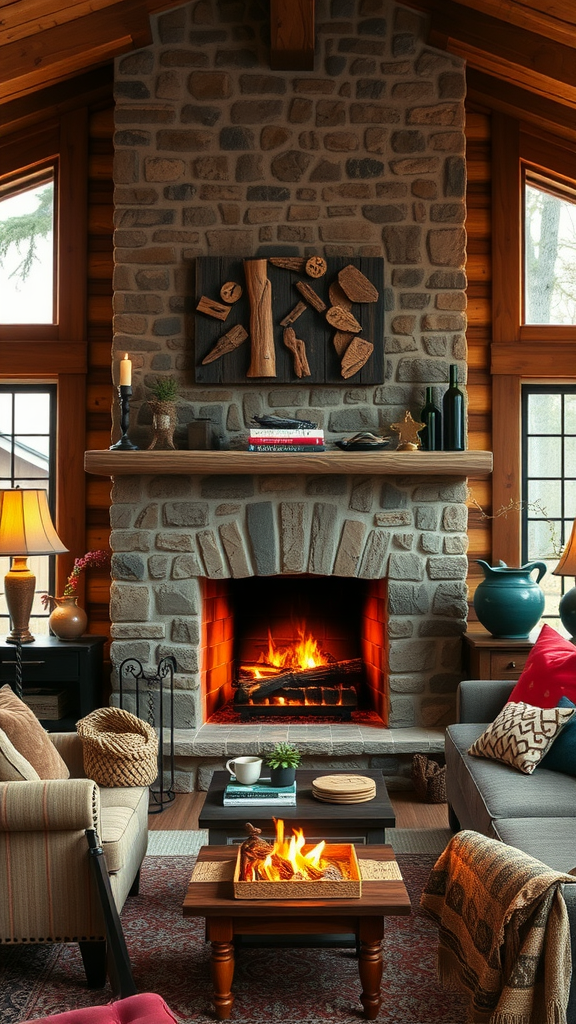 A warm and inviting living room with a stone fireplace and comfortable seating.