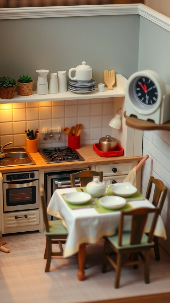 A cozy kitchen scene with a dining table, stove, and organized kitchenware.