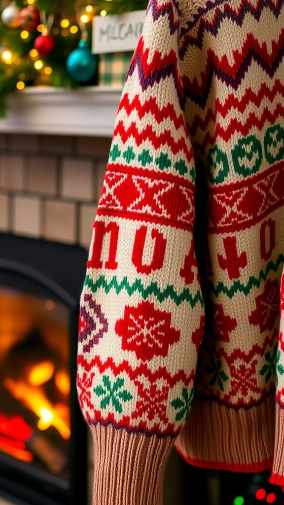 A cozy knit sweater in festive colors, hanging near a fireplace, with holiday decorations in the background.