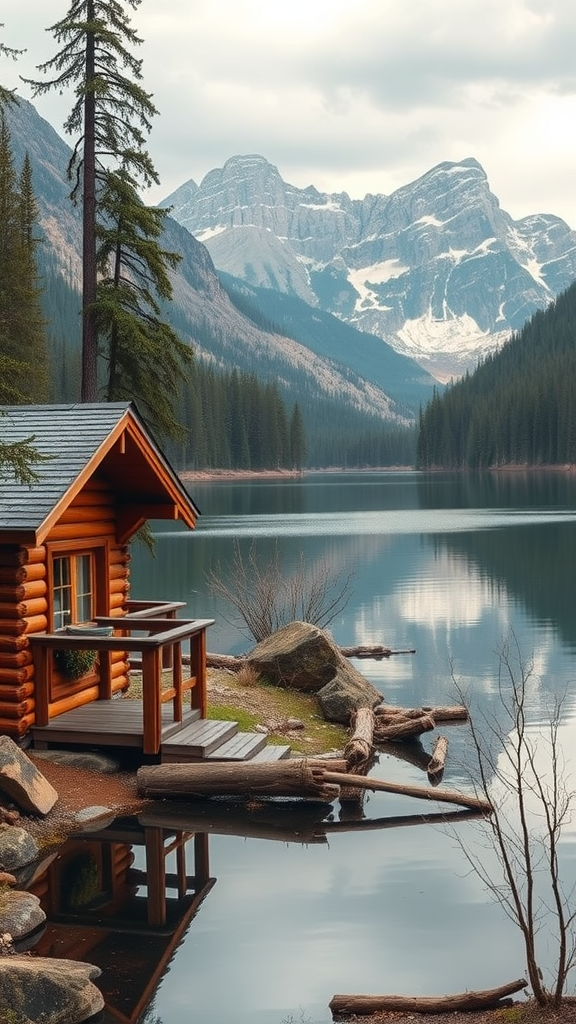 A cozy log cabin by a serene lakeside with mountains in the background