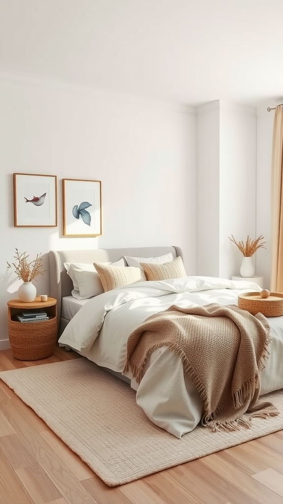 Cozy minimalist bedroom with light colors, wooden floor, and simple decor.