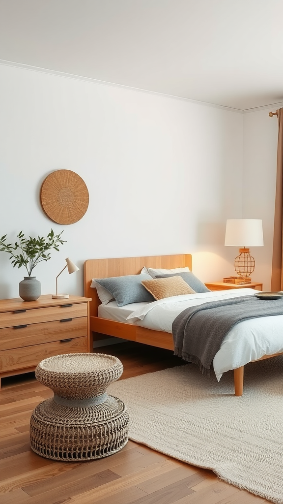 A cozy minimalist bedroom featuring a wooden bed, soft bedding, and a woven stool.