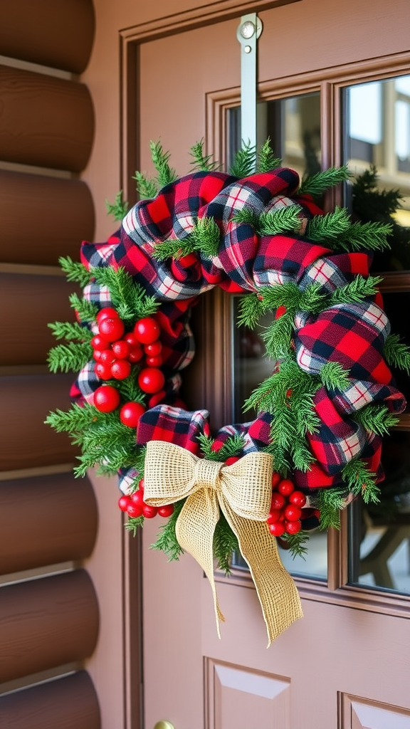 A cozy plaid and pine mesh wreath with red and black colors, featuring red berries and a burlap bow.