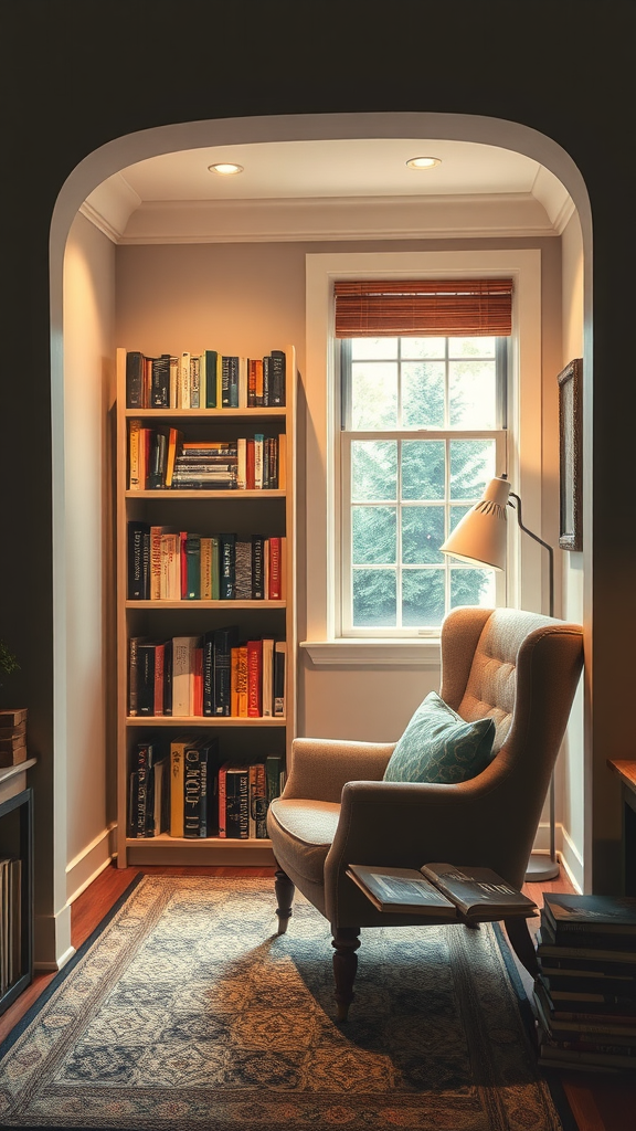 A cozy reading nook featuring a comfortable chair, a bookshelf filled with books, and a window.