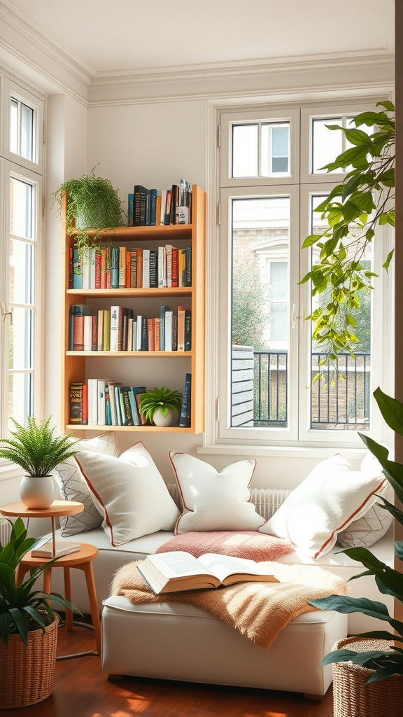 A cozy reading nook with large windows, a comfortable seating area, a bookshelf filled with books, and indoor plants.