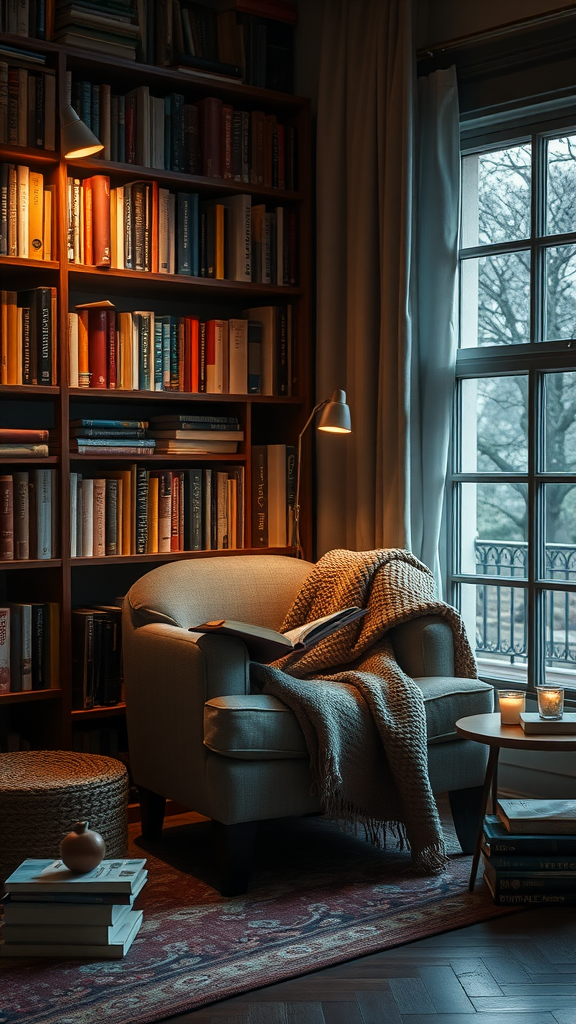 A cozy reading nook with a comfortable chair, a blanket, a small table with candles, and a bookshelf filled with books.