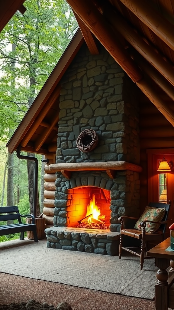 A cozy rustic cabin interior with a stone fireplace, warm glow, and inviting seating.