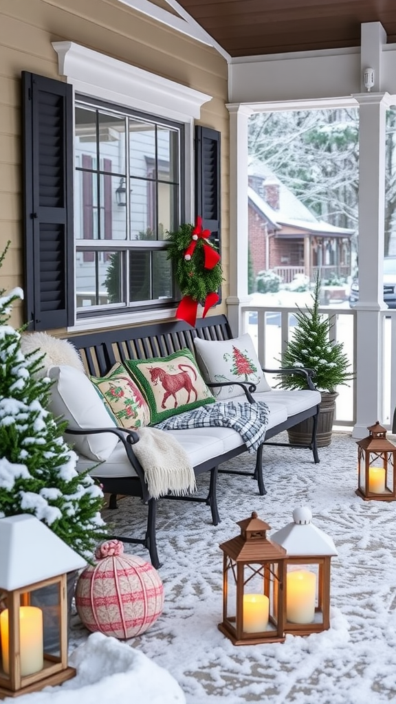 Cozy porch seating with holiday pillows, snow-covered ground, and decorative lanterns.