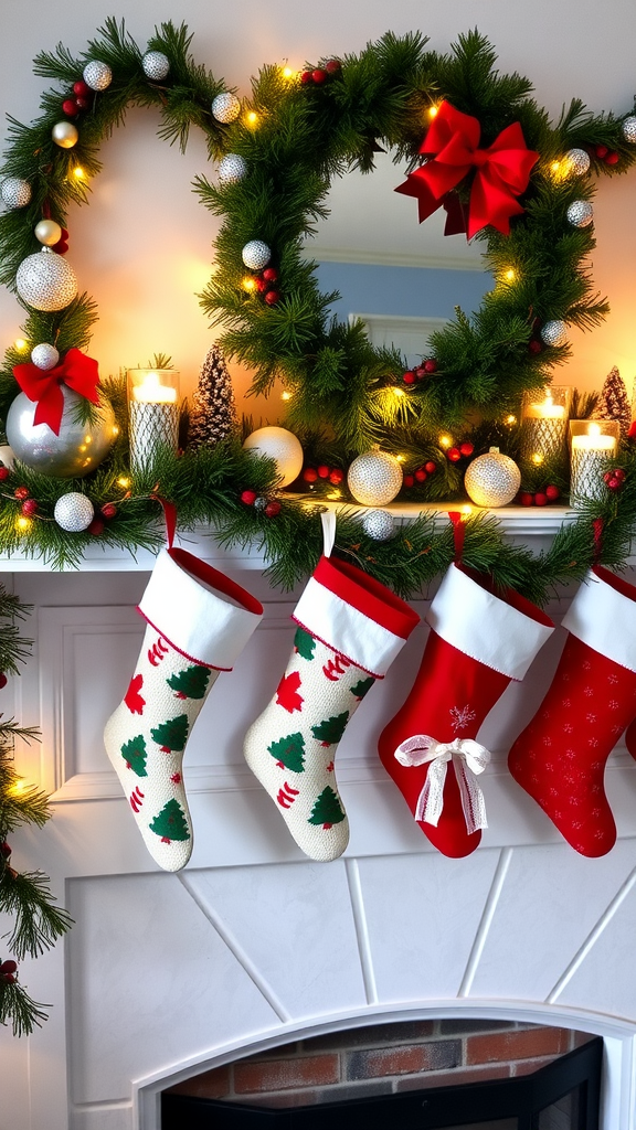 A beautifully decorated mantle with festive stockings and holiday decorations.