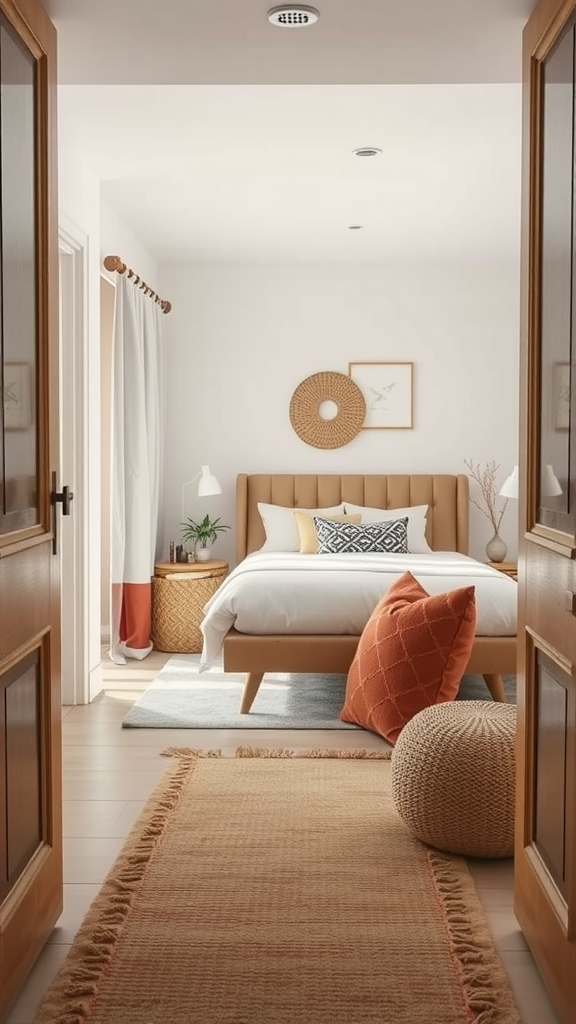 Cozy bedroom with textiles including a white bedspread, red throw, and patterned rugs