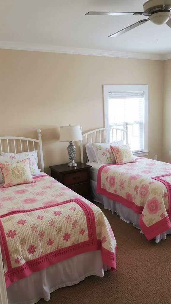 Cozy twin beds with pink floral quilts and a stylish lamp