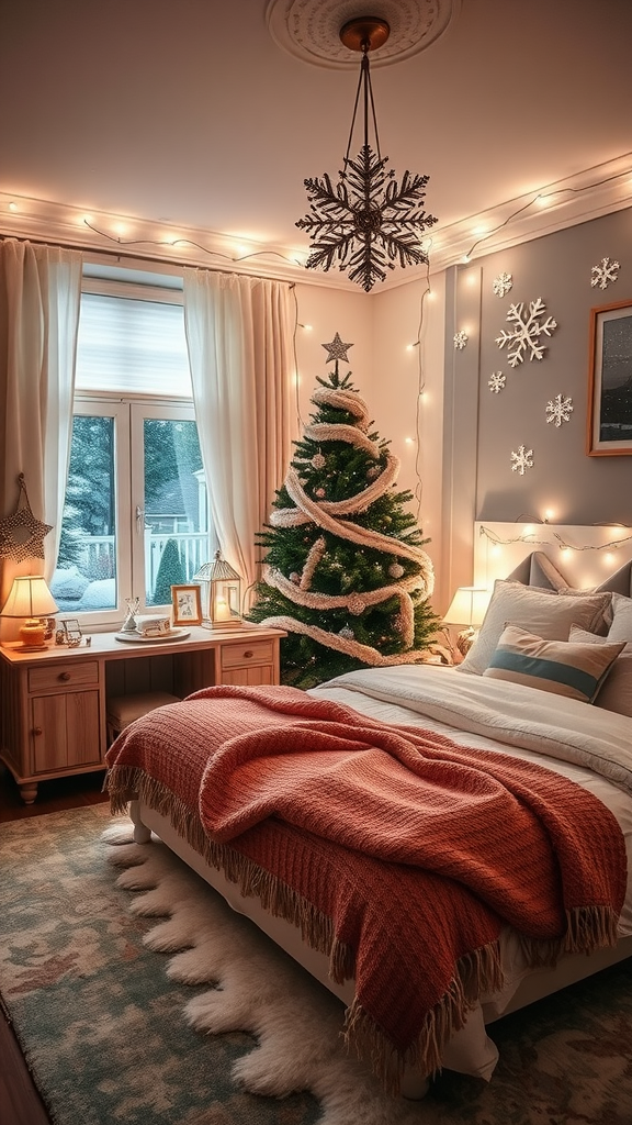 A cozy bedroom decorated for winter, featuring a Christmas tree, warm lighting, and a soft rug.