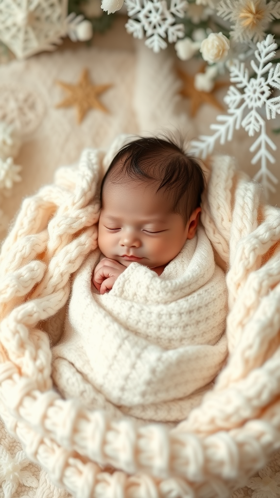 A cozy setup featuring a sleeping baby wrapped in a soft blanket, surrounded by winter decorations like snowflakes and stars.